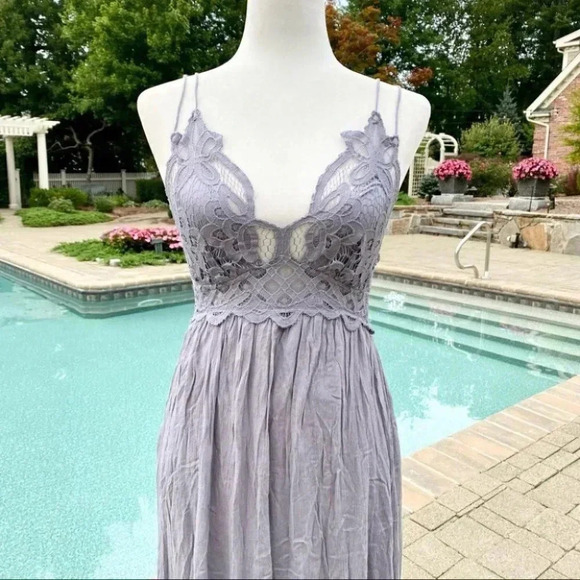 NWT Free People Adella Maxi Slip Dress Long Ruffle Lace Slate Purple Gray XS - Picture 6 of 10
